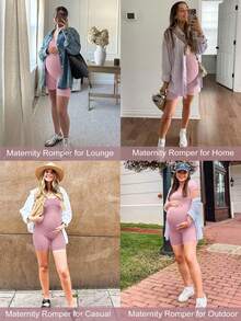 Buttery Soft Maternity Bodysuit – Short Sleeve Romper, Square Neck, Photoshoot Casual Workout Maternity-Clothes - 粉色 - 查看 4