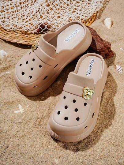  ASOFTER 2026 Ins Style Summer Fashion Versatile Khaki Breathable Sandals, Platform Thick Sole Non-Slip Closed Toe Slides, Gold Bear Crystal Decor Slippers, Outdoor Beach Vacation Casual Shoes, Suitable For Daily Commute, Shopping, Beach