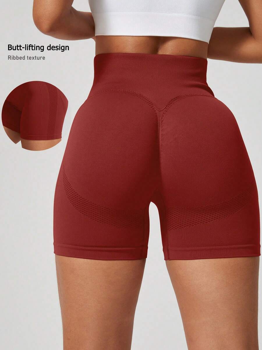 1件装女士无缝弹力跑步、健身、瑜伽、普拉提、网球、高尔夫、徒步短裤 - 紅色 - 查看 1