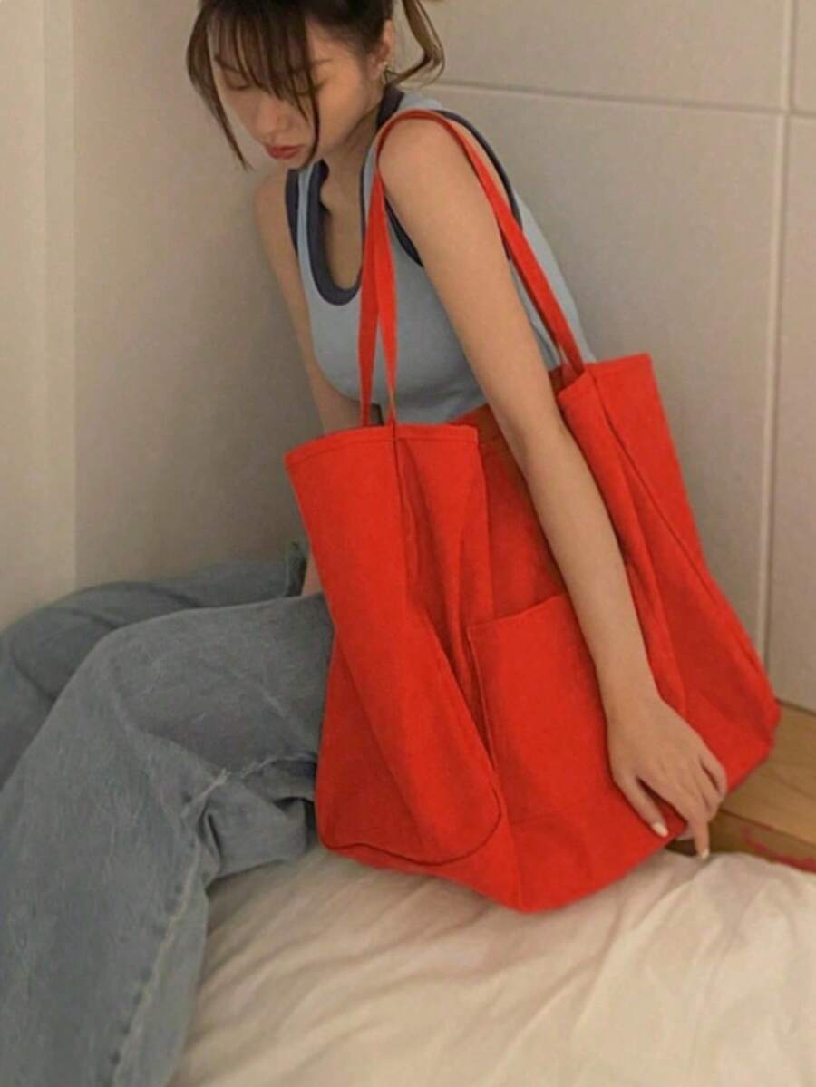 Túi tote thời trang tối giản màu trơn bằng vải canvas, dung tích lớn, đa năng, túi mua sắm, túi đựng đồ trang trí, một món đồ không thể thiếu cho mùa Giáng sinh. - trái cam - Xem 1