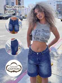 Women's Fashionable Casual Straight Loose Fit Athletic College Vintage Distressed Versatile Denim Capri Pants Summer - 深藍1 - 查看 2