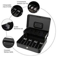 Caja de caudales de metal con bandeja para billetes y cerradura, organizador portátil de monedas para efectivo, monedas, billetes, recibos, 5 ranuras para monedas y 4 clips para billetes, caja de para efectivo para pequeños negocios, minorista, caja chica, hogar y oficina - Multicolor - Ver 12