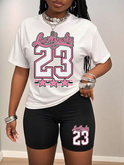 洛杉矶 23 号印花露脐上衣和骑行短裤两件套，Y2K 街头风穿搭，女士露脐上衣和骑行短裤套装，洛杉矶 23 号印花