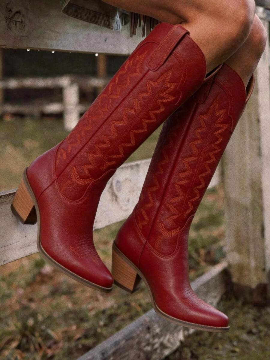Womens Jaripeo Red Cowboy Boots For Women Comfortable Retro Pull On Pointed Toe Wide Calf Long Tall Block Chunky Heel Embroidered Boots Country Concert Festival Shoes - 紅色 - 查看 1