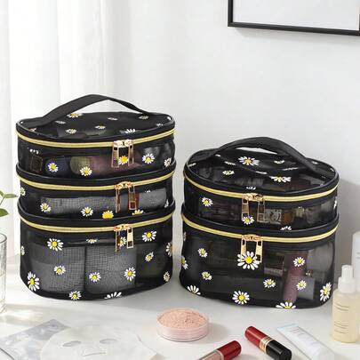 1pc Fresh Daisy Transparent Mesh Cosmetic Bag, Luxury Oval 3-Layer Makeup Bag, Large Capacity Portable Travel Skincare & Cosmetic Organizer