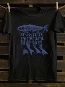 [Plus Size Sardines T-Shirt] Plus Size Sardines Graphic Print T-Shirt| Lightweight Fabric With Slight Stretch, Short Sleeve Crew Neck Casual Top For Women, Summer & Spring, Casual Wear|Playful Design - 黑色 - 查看 11