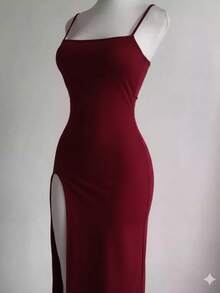 Marsala Women's Long Suplex Dress With Padded Cups, Open Back, Laced Detail, And Sensual Slit. - Redwood - View 2