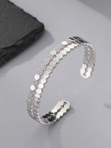 简约立方氧化锆女士手链戒指套装，镀银手链戒指，蜂巢设计，日常佩戴，开斋节和宰牲节礼物 - 款式A 銀色 - 查看 2