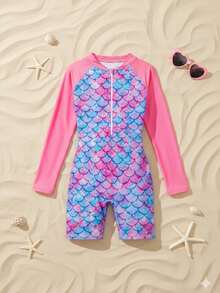Traje de baño de una pieza rosa de moda para niñas y preadolescente con estampados en múltiples colores de escamas de tipo sirena especial para vacaciones verano playa piscinas - Multicolor - Ver 3