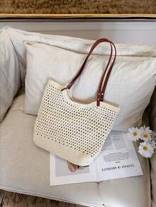 Túi đeo vai đơn giản, khoét rỗng, dệt bằng sợi cotton, kiểu dáng lười biếng, túi xách tay nhỏ gọn, túi đan bằng cỏ, túi đi biển, túi du lịch, túi nữ, túi tote dệt bằng cỏ dung tích lớn mới, túi đeo vai chéo, túi du lịch biển, túi đan bằng sợi dệt khoét rỗng mới, túi đeo vai đơn, túi đeo nách - Nhiều màu - Xem 5