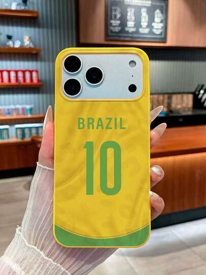 1 pièce Coque de téléphone Coupe du Monde, Coque de téléphone souple et antichoc en TPU, Style sportif/maillot de style Brésil jaune et vert n°10, Motif imprimé léopard/texture de pli de maillot, Compatible avec iPhone, Utilisation quotidienne pour les fans de football