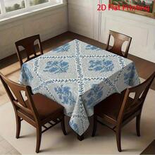 1pc Blue & White Floral Tablecloth Suitable For Dining Table, Coffee Table, Picnic - Machine-Washable Easy-Clean Rectangular Table Cover With Elegant Blue White Flower Pattern, Durable Fabric For/Outdoor Use - Multicolor - View 3