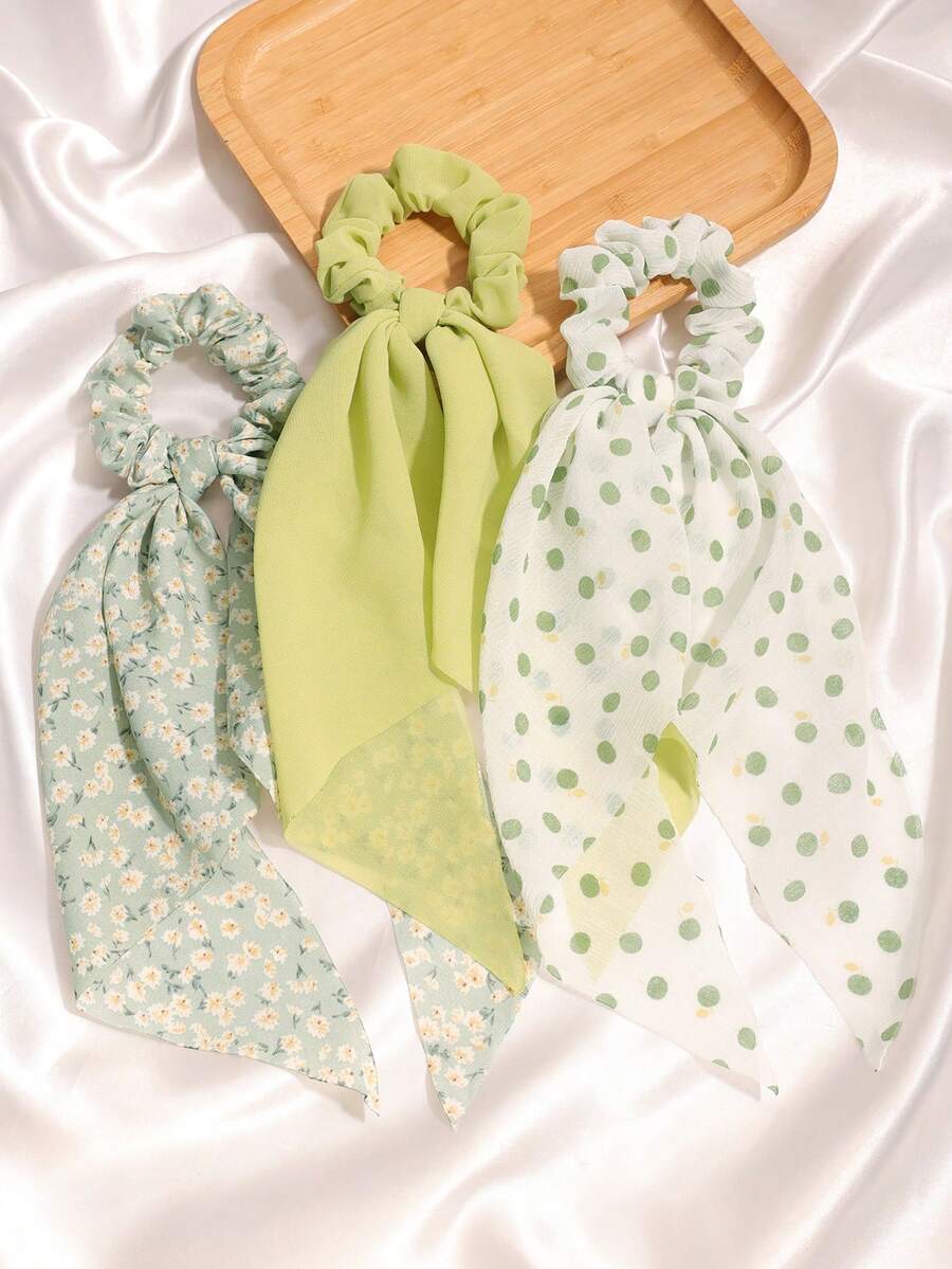 3 piezas Bufanda de gasa de unicolor con borlas de frutas, accesorios de poliéster de estilo bohemio retro casual con patrón geométrico, adecuado para todas las estaciones, accesorios de viaje, sujetadores de coleta, bandas elásticas para el cabello, scrunchies, cuerda para el cabello, festival, cumpleaños - verde menta - Ver 1