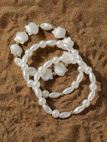 3pcs Pearl & Shell Beaded Layered Bracelet Set, Beach Vacation Style Jewelry Suitable For Summer Beach & Daily Wear - Multicolor - View 2