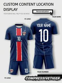 2 pièces Ensemble de maillot de football personnalisé - T-shirt à manches courtes + short imprimés avec nom et numéro personnalisables, tenue de sport séchage rapide, convient comme cadeau - Bleu marine - Voir 1