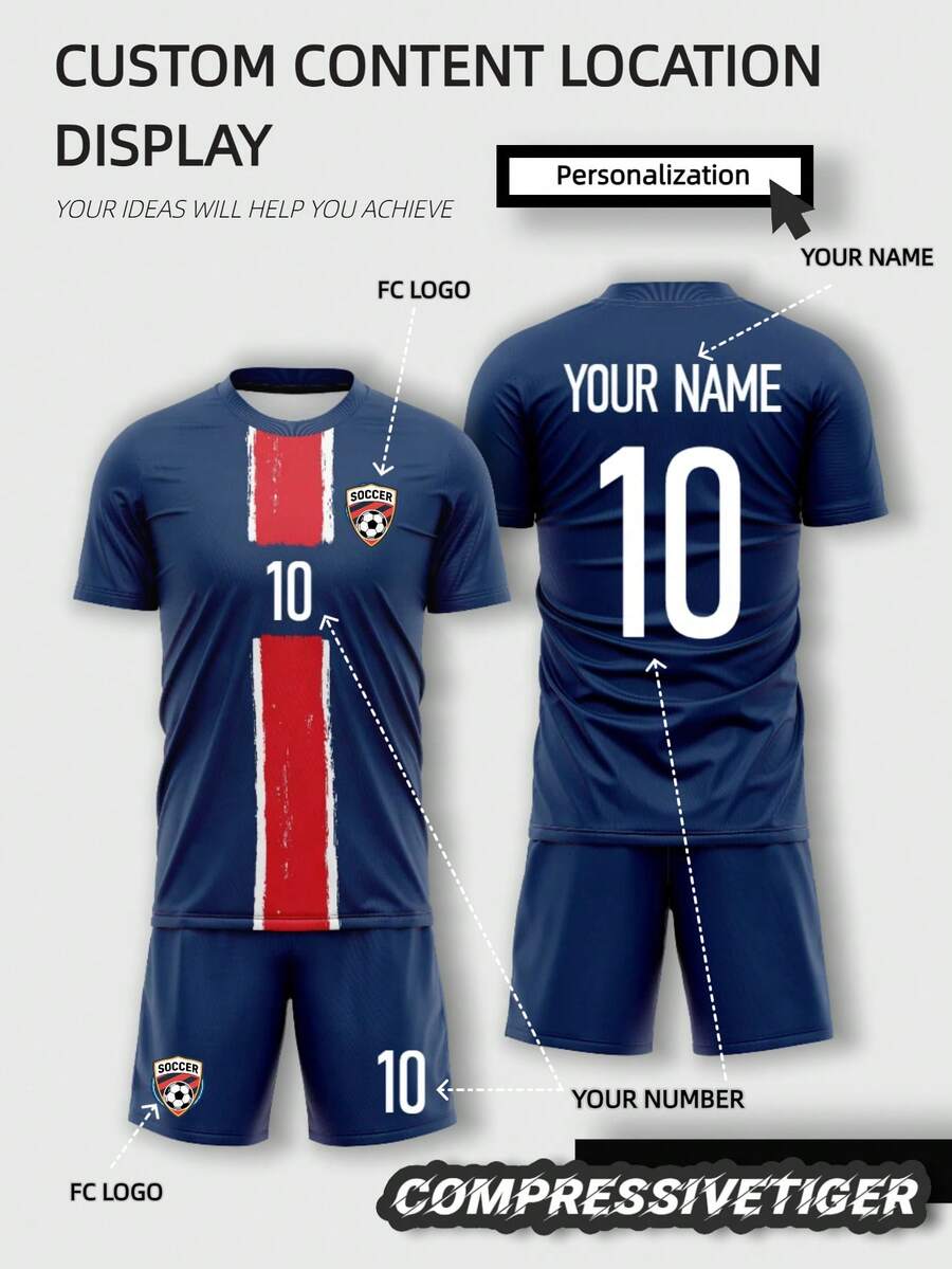 2 pièces Ensemble de maillot de football personnalisé - T-shirt à manches courtes + short imprimés avec nom et numéro personnalisables, tenue de sport séchage rapide, convient comme cadeau - Bleu marine - Voir 1