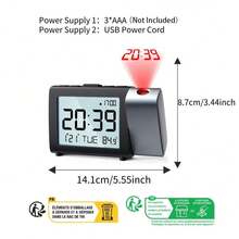 Digital Projection Alarm Clock | 3.9" LCD Screen, Temperature Display, 2-Level Volume, Snooze, USB/Battery Powered | 12/24H Format For Bedroom Office - Black - View 10