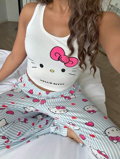 SANRIO [WONDER WORLD] 2 Stücke Hello Kitty Damen Grafik Crop Top + Hose mit elastischem Bund, süßer Pyjama-Set