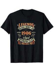 Men's Black T-Shirt, Men'SRetroGraphicTeefrom1986-Exclusive80SBirthdayPresent,Madeof100%Soft,FeaturesaRoundNeckAndShortSleeves,BlackwithOrangeAndWhite1986Design,Perfectfor80SThemedEventsAndEverydayWear,IncludesaGeometricPattern, Unisex, Holiday Gift, Outdoor Leisure, 100% Cotton T-Shirt - 黑色 - 查看 1
