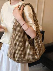 Retro Small Plaid Pleated Large Capacity Tote Bag, Loose Casual Style Versatile Shoulder Bag For Women, Artistic Mori Style Plaid Tote, Casual Versatile Shopping Cloth Bag, College Style Schoolbag For Students, Short Trip Travel Bag, Multi-Pocket Zoned Cloth Bag - Khaki - View 9
