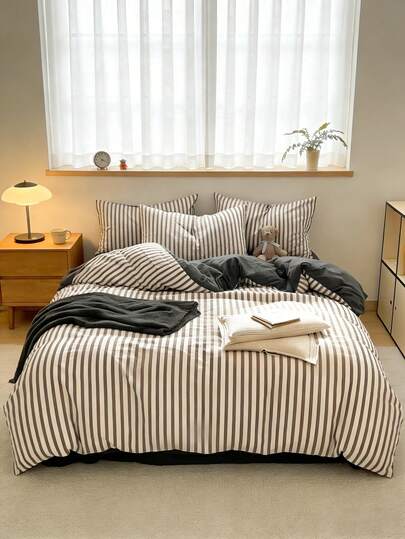 Juego de 3 piezas, estilo neutro simple a rayas en gris oscuro, estilo coreano, juego de funda nórdica (1 funda nórdica + 2 fundas de almohada), tela lavada, poliéster, esquinas ajustadas, sin edredón ni relleno de almohada, tamaño individual/doble/queen