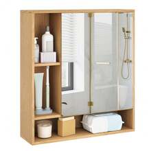 Wall Mounted Bathroom Cabinet With Mirror Single Door 3-Position Adjustable Shelf Hidden And Open Storage For The Bathroom, Living Room Or Entryway - 自然的 - 查看 4