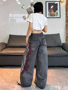 1pc Women's Loose Fit Embroidered Wide Leg Jeans, Comfortable Casual High Street Fashion Pants (Belt/Accessories Not Included) Spring Black - màu đen - Xem 8