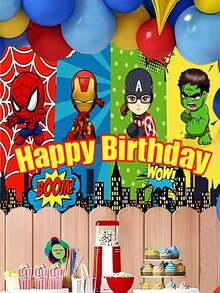 Marvel 100*150厘米生日派对装饰背景布，生日摄影横幅，涤纶派对背景布，复仇者联盟主题生日派对纸盘装饰，超级英雄主题生日派对桌布和餐具，生日派对用品 - 多色 - 查看 9