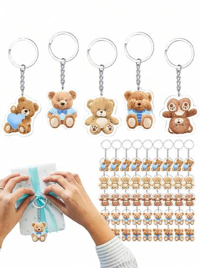 5件套 - 小熊宝宝派对礼品、小熊宝宝钥匙扣、性别揭晓派对装饰、迎婴派对宾客礼物、性别揭晓派对、批发订单、宝宝一周岁生日派对礼物、纪念品、奖品和派对礼品（蓝色）
