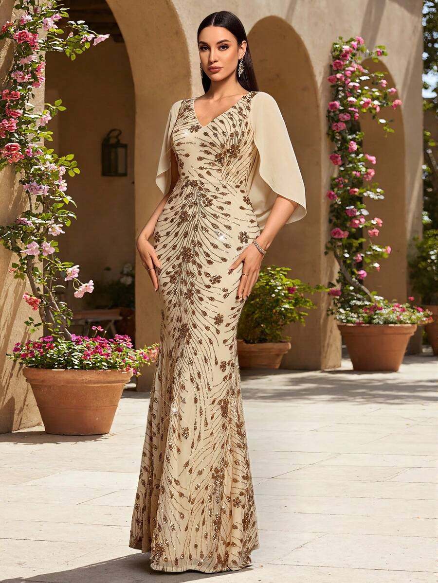 Đầm dạ hội dáng đuôi cá thanh lịch, cổ chữ V, đính sequin vàng, kiểu dáng ôm sát, thích hợp cho tiệc tối, đám cưới, lễ tốt nghiệp, tiệc chiêu đãi, họp mặt ngày lễ. - Vàng - Xem 1
