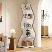 LITTLE TREE 5-Tier Corner Shelf With Sea Grass Design, Modern Wall Corner Bookshelf With Adjustable Shelves ,Storage Rack Plant Stand For Small Spaces For Living Room Home Office, White - 白色 - 查看 3