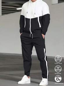 Men's Fashionable Casual Colorblock Tracksuit - Polyester Hooded Jacket And Pants, Machine Washable Sports - Black - View 11