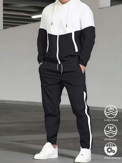 Men's Fashionable Casual Colorblock Tracksuit - Polyester Hooded Jacket And Pants, Machine Washable, Suitable For All Seasons, Includes Top + Bottoms Black Spring