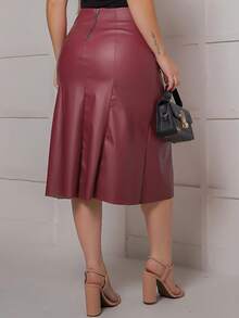 Faux Leather Midi Skirt With Cutouts And Back Zipper. - 紅木色 - 查看 4