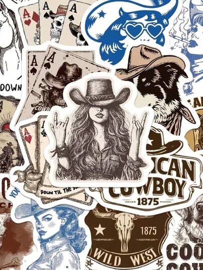 50pcs Blue & Brown Denim Stickers, Retro Cartoon Graffiti Stickers For Scrapbooking, Notebook, Laptop, Luggage, Guitar, Stationery, Decorative Stickers