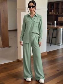 ADD MODA REF AS1790 SHIRT SET WITH POCKETS AND ELASTIC WAIST PANTS - 綠色 - 查看 4