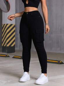 Skinny Cargo Jeans, Blue Wash, Stretchy, With Multiple Pockets, Butt-Lifting Effect, Fitted Cuffs - Black - View 9