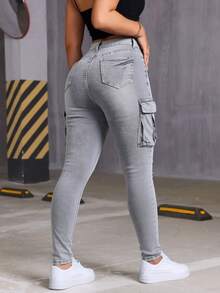 Skinny Cargo Jeans, Blue Wash, Stretchy, With Multiple Pockets, Butt-Lifting Effect, Fitted Cuffs - 淺灰色 - 查看 3