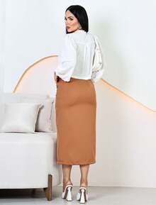 Women's Elegant Tailored Midi Skirt With Belt - 駝色 - 查看 5
