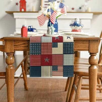 Plaid, Star, Stripe Pattern American Independence Day Table Runner, Memorial Day Home Party Decor Tabletop Accents, 13x35/13x47/13x59/13x72/13x90/13x108 Inches