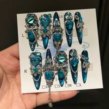 10 Handmade Armor-Wearing Blue Cat Eye Glittering Heart Sparkling Heavy Industrial Nail Art Spring/Summer Style White False Nails - 彩色 - 查看 6