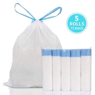 75 Bags/5 Rolls Drawstring Trash Bags, Disposable Trash Bags, Can Liners, Cleaning Supplies, Perfect For Bathroom, Kitchen, Bedroom, Living Room, Shopping Malls, Supermarkets Garbage Disposal, Office