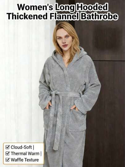 1件珊瑚绒女士长款浴袍，多种颜色可选，带帽、腰带和口袋，蓬松柔软保暖，男女通用浴巾浴袍，女士睡衣家居服，超柔软吸水天鹅绒面料，母亲节礼物