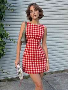 Women's Red & White Plaid Sleeveless Waist Cinched A-Line Mini Skirt, Punk Street Style - Red and White - View 6