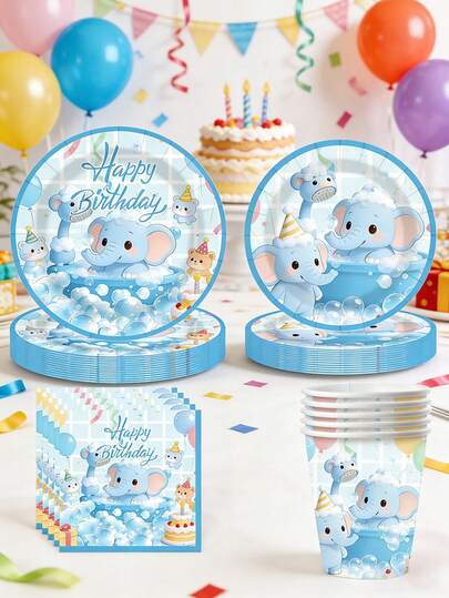 Elephant Baby Boy Shower Party Supplies-10 Pieces Blue Elephant Party Decorative Paper Plate Napkin Cutlery Set Blue Flower Theme Birthday Party Cutlery Set