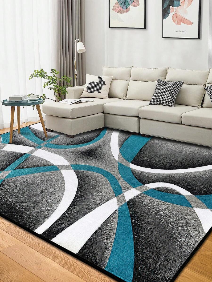 1pc Geometric Textured Pattern Rug, Black White Gray Printed Polyester Rectangular Easy Care Washable Area Carpet, Suitable For Living Room, Hallway, Bedside, Sitting Room, Bedroom, Office, Kitchen, Farmhouse Home Decor - Multicolor - View 1