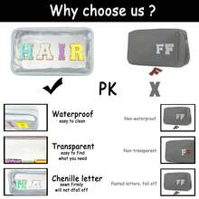 雪尼尔字母透明化妆包收纳贴片，旅行洗漱化妆包带手柄，尼龙防水透明化妆包，学院风贴片女士化妆包 - 彩色 - 查看 8