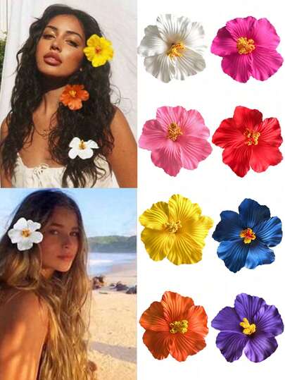 Bộ 5 kẹp tóc hình hoa dâm bụt Hawaii cho nữ, màu trắng, hồng, vàng, cam, đỏ, xanh dương, tím nhuộm tie-dye, kiểu dáng thời trang, thanh lịch, tối giản, màu trơn, phù hợp cho sử dụng hàng ngày, thường ngày, dự tiệc, đi biển, du lịch, buộc tóc đuôi ngựa, búi tóc, rửa mặt, trang điểm, phụ kiện trang phục.