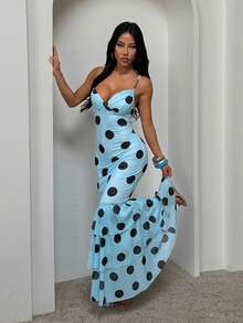一件休闲性感露背荷叶边波点印花长裙，波西米亚针织面料，适合度假、海滩、约会、夏季穿着，优雅时尚。 - 淺藍色 - 查看 4