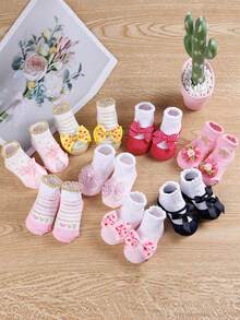 8 pares de calcetines para bebé, cómodos con estampado de rayas y lazo de letras de varios colores, lindos y versátiles - Multicolor - Ver 7